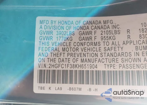 2019 Honda Civic Ex из США, поврежденный, VIN 2HGFC1F38KH651904